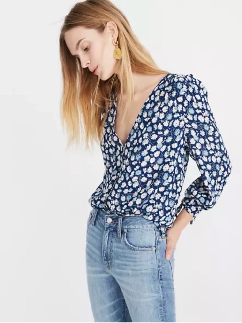 Madewell Womens Button Down Floral Shirt Size S French Blue Tie Sleeve